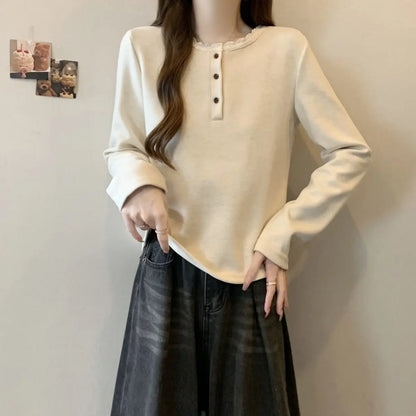 New Autumn and Winter Half-open Lace Front Shoulder Long-sleeved T-shirt Plus Velvet Warm German Velvet Women's Top.