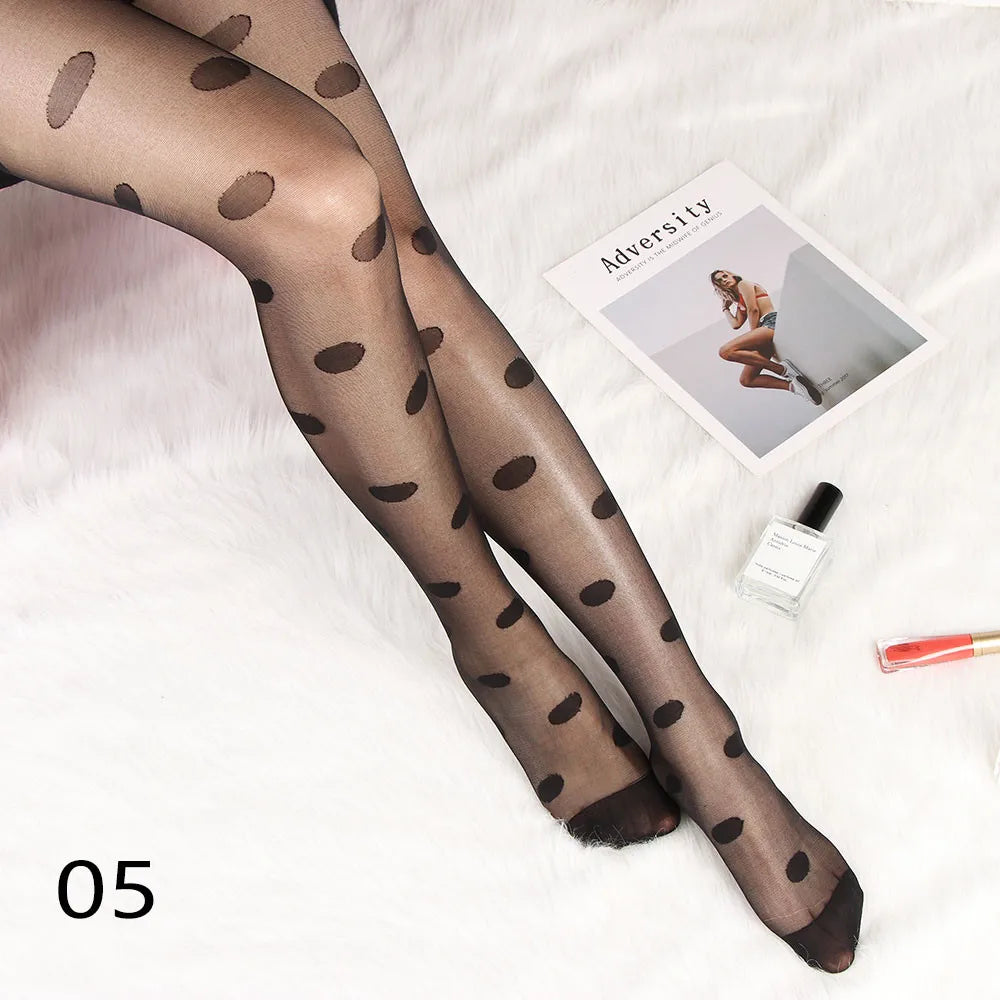 Sexy Women love Dot Embroidery Silk Stocking Thin Vintage Faux Tattoo Thigh Sheer Pantyhose Female Elastic Hosiery girls Tights