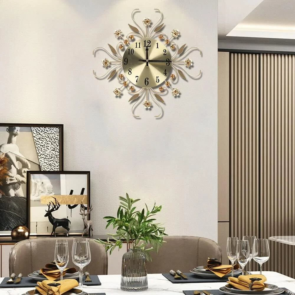 3D-Digital-Wanduhr, Quarz, moderne Blume, Diamant-Dekoration, analoge Uhr, Metalluhr für Wohnzimmer, Schlafzimmer, Gold