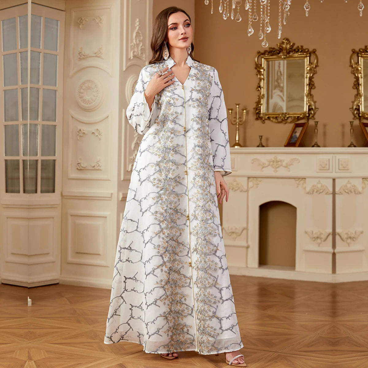 Uni Ramadan Dubai Woman’s Abayas Embroidered Sequin Floral Patter V-Neck Elegant Casual Kebaya Muslim Moroccan Long Dress.