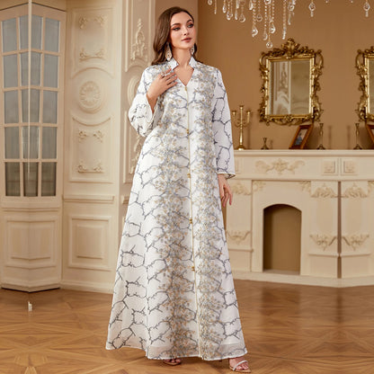 Uni Ramadan Dubai Woman’s Abayas Embroidered Sequin Floral Patter V-Neck Elegant Casual Kebaya Muslim Moroccan Long Dress.