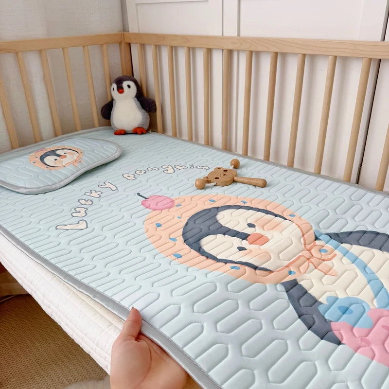2pcs Cooling Viscose Fiber Latex Mat Set,Summer Bed Sheet Pad with Pillow,Cartoon Penguin Foldable Boy Girl Baby 60*120cm Sheet.