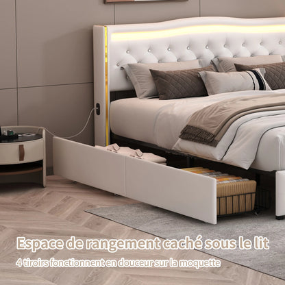 Lazyspace Diamond Embellishment Luxuriöses weißes PU-Polsterbett, Bettrahmen-Kopfteil mit bunten LED-Leuchten und USB-Anschluss