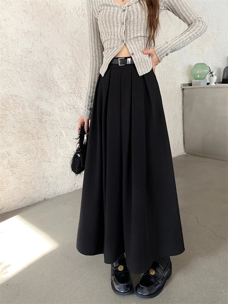 2024 New Korean Skirt Women Solid Color Versatile Mid-length Pleated Skirt Large Swing Type Skirt Female Long Skirts for Women.