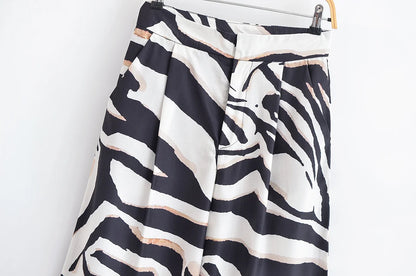 HH Women Pants Suit Fashion Zebra Stripes Single Breasted Sexy Sleeveless V-Neck Top+High Waist Zipper Casual Wide Leg Pants