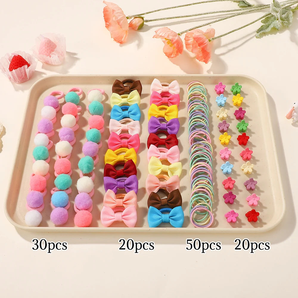 120PCS Hair Accessories Set for Girls Colorful Bowknot Hair Bands Kids Elastic Ponytail Holders Rubber Bands for Children.