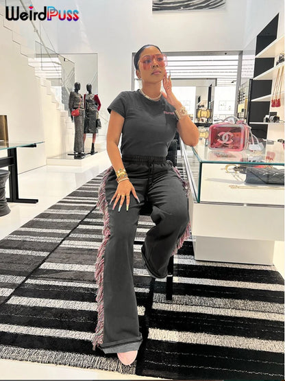 Weird Puss Casual Sporty 2 Piece Set Women Letter Embroidery Crop Tops+Side Tassel Straight Pants Matching Streetwear Tracksuits