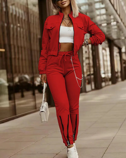 New Women's Style Pant Sets Slim Fashionable Temperament Commuting In Autumn Winter Pure Colors Zipper Two Pieces Set For Woman.