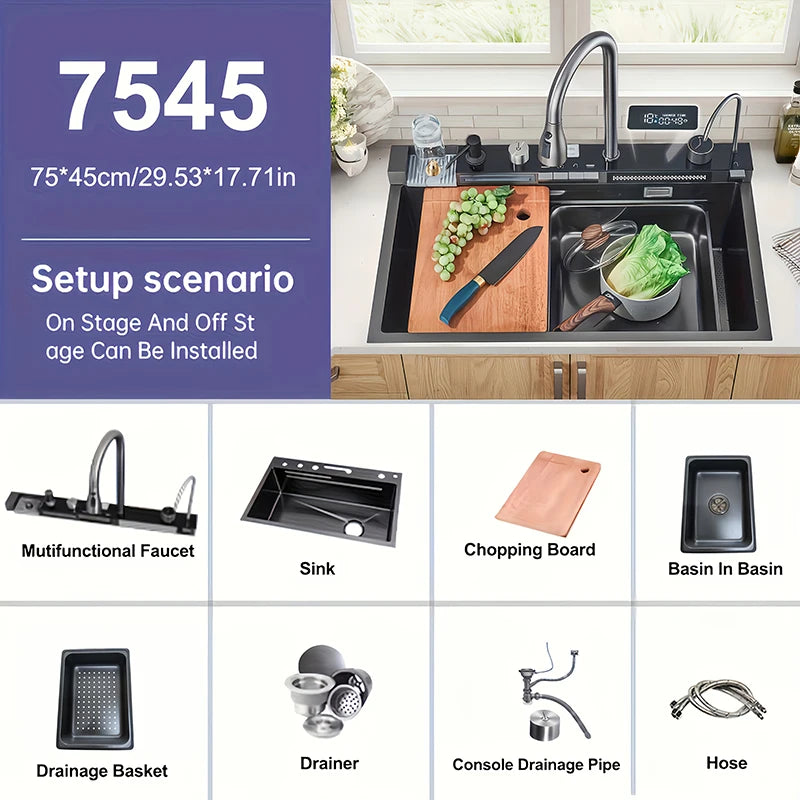 Modern Luxury Smart Kitchen Sink – Pull-Out Faucet with 3 Spray Modes, Cup Washer, Soap Dispenser & LED Mood Lights