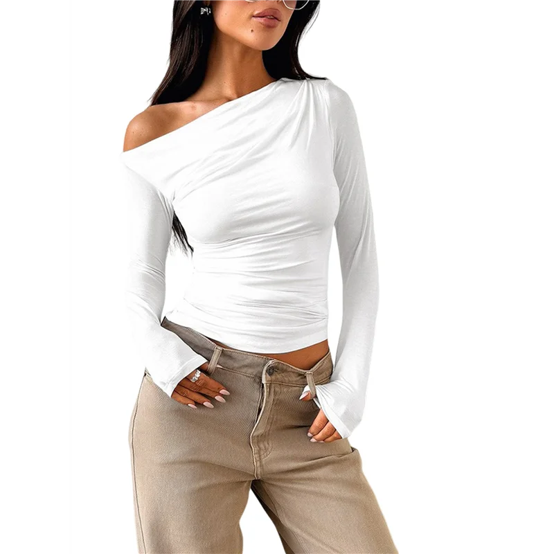 Women's Off Shoulder Tops Dressy Long Sleeve Asymmetrical Slim Fit Going Out Fall Blouse Ruched Shirts.