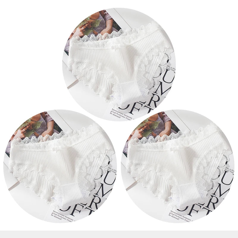 Cotton Panties Woman Sexy Lace Briefs Fashion Solid Color knickers Girls Bow Underpants Set Underwear 3 Pcs/lot.