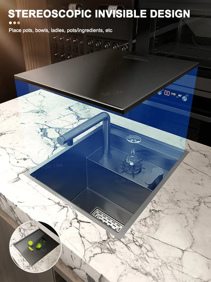 Versteckte Küchenspüle aus Edelstahl, Unterbau, Mini-Einzelschlitz, klein, multifunktional, für Wohnmobile, Café, Bar, Waschbecken mit Deckel, Gartenbalkon