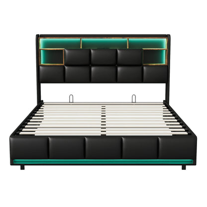 Lazyspace Modernes PU-Polsterbett, Doppelbettgestell, hydraulisches Bett mit Stauraum, Kopfteil mit LED-Licht und Ablagefach