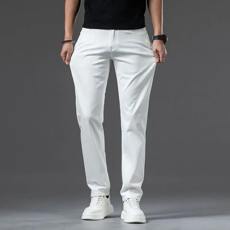2024 New Summer Thin Men's Straight Denim Cotton Stretch Creamy-white Jeans Classic Business Pants Fashion Trousers Male Brand.
