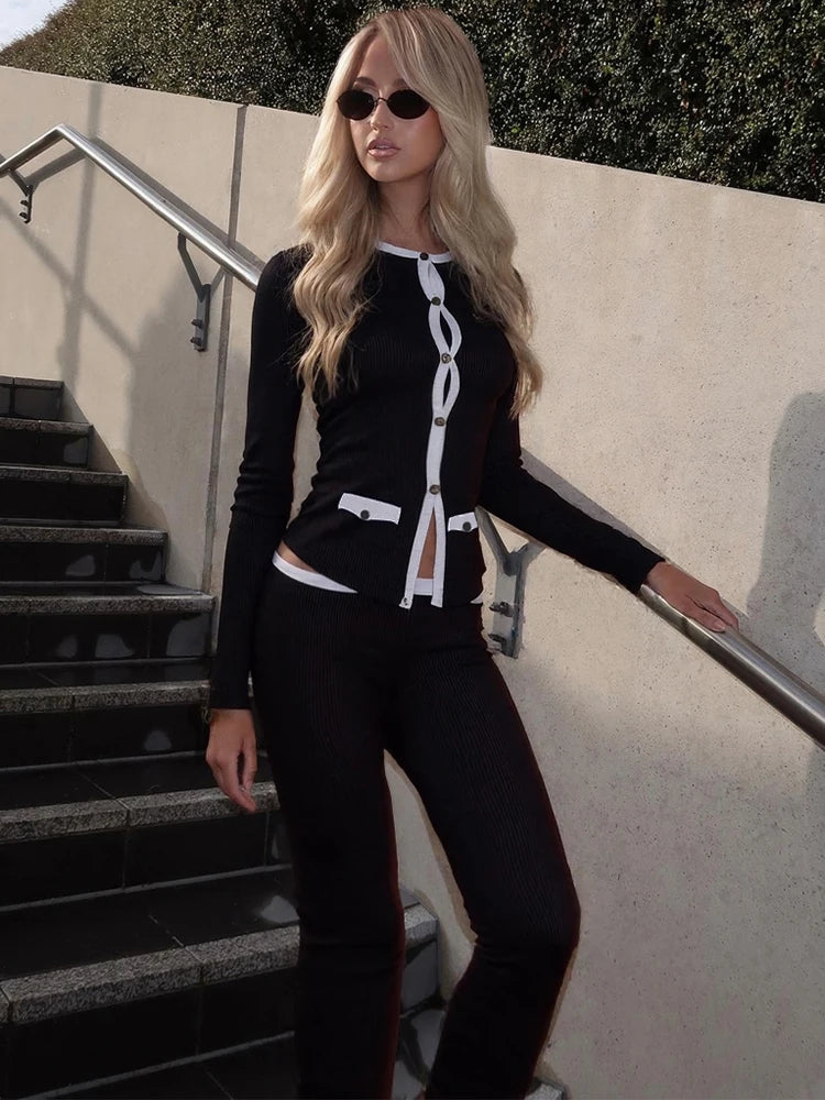 Sisterlinda Classic Street 2 Piece Set Autumn Daily Panelled Trim Full Sleeve Single Breasted Tops+Slim Pants Female Casual Suit.