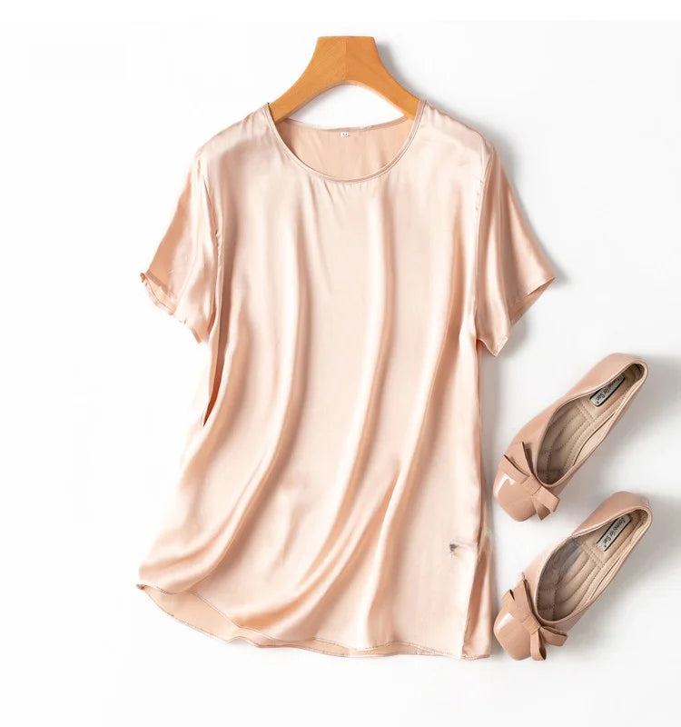 Women 100% Mulberry Silk 19 Momme half sleeve Crew Neck Top Shirt Blouse T-shirt More Colors M L XL MM4270.