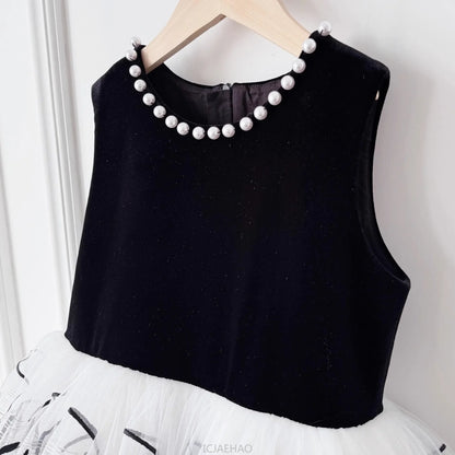 Gesticktes Tüllkleid für schwarze Mädchen, Perlenklavier, Performance-Kleid, Bühnenausstattung, Outfits, Sommer, Blumenspitze, formelle Kostümkleidung.