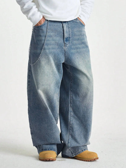 1Pc Men's Wide Pants Brushed Jeans Wide Jeans Y2K New Rocks Jeans Buggy Black Hip-Hop Pants.