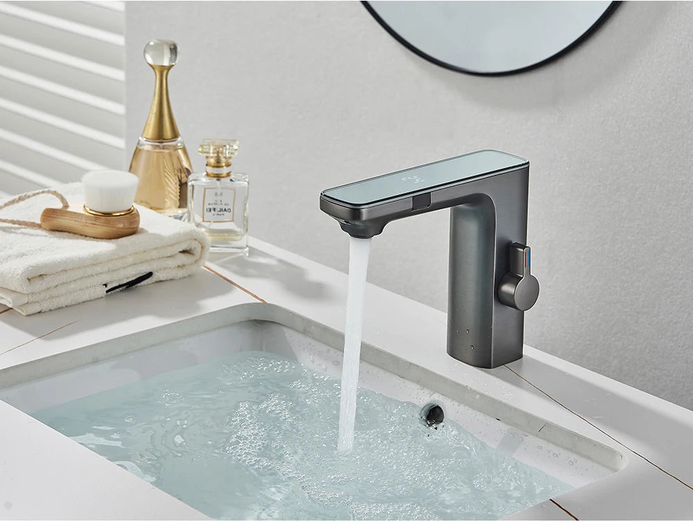 White Smart Sensor Basin Faucet Screen Digital Display Hot Cold Water Mixer Tap Touchless Vanity Sink Faucet For Bathroom
