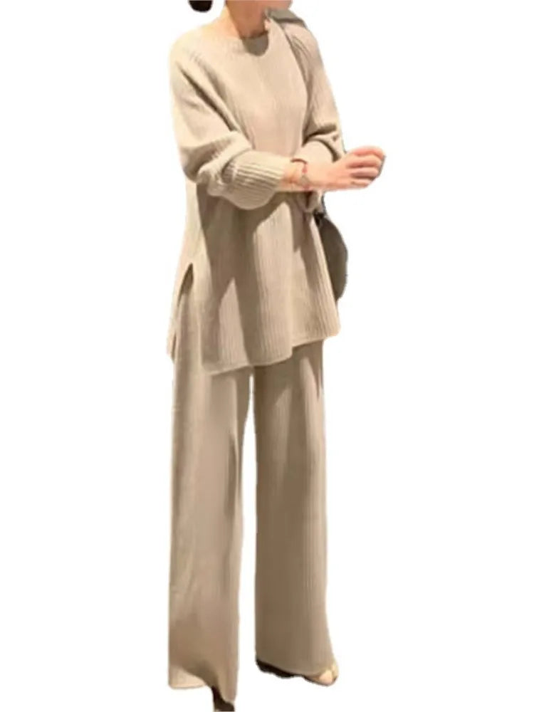 2024 Autumn Winter New Women's Fashion Fashionable Age Reducing Two Piece Pants Knitted Sweater Straight Leg Pants Set For Women.