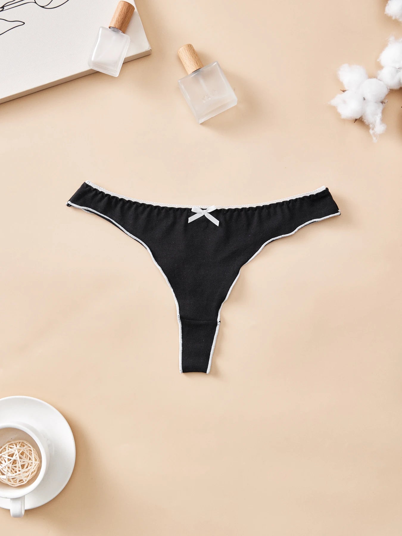 4pcs women's cotton solid color thong sexy comfortable women's underwear daily breathable T-back knitted bow cute girl low-waist.