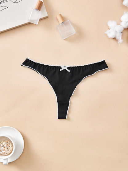 4pcs women's cotton solid color thong sexy comfortable women's underwear daily breathable T-back knitted bow cute girl low-waist.
