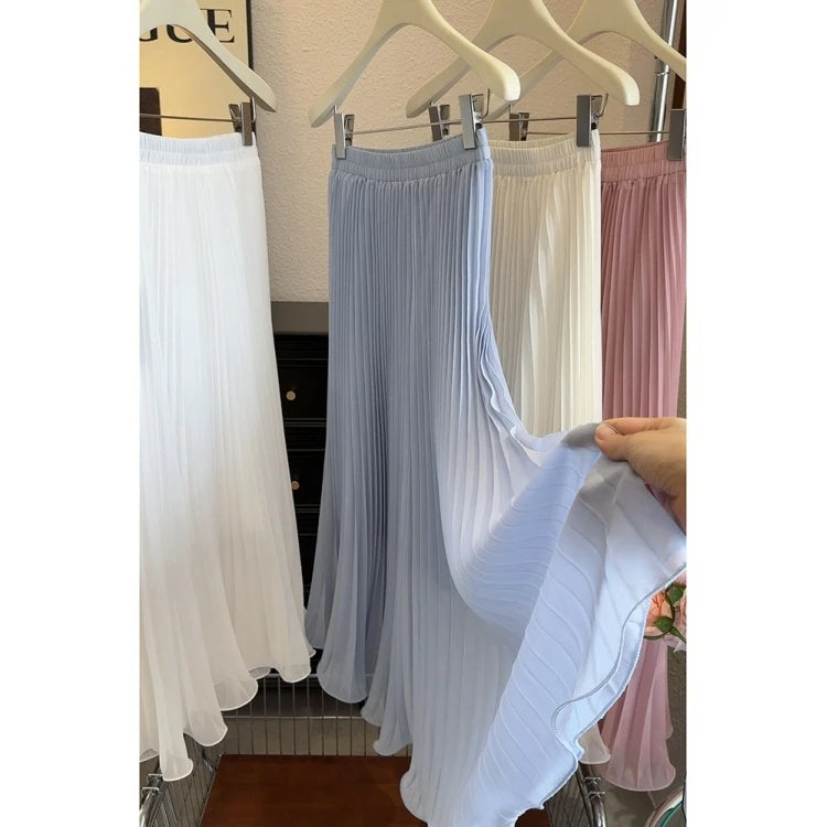 Women's Summer Elegant Pleated Elastic Waist Chiffon Long Skirt Lady High Waist A Line Streetwear Solid Color Skirt