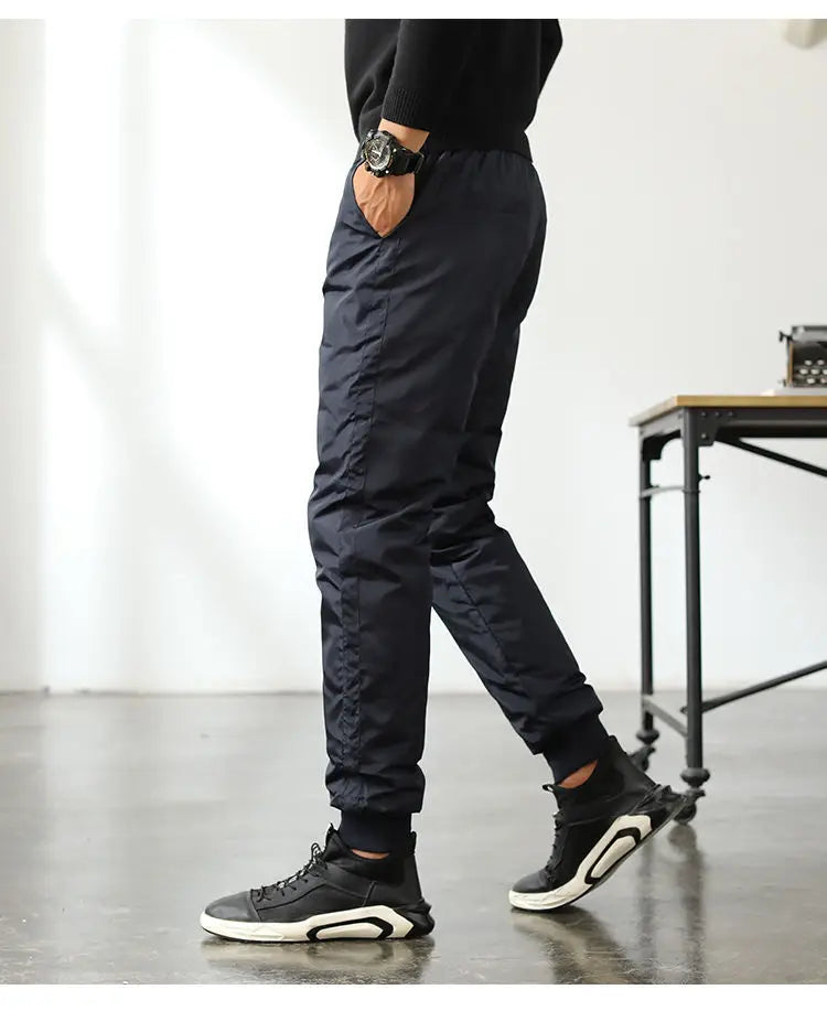 New Winter Thermal White Duck Down Pants for Men Loose Fit High Waist Warm Thickened Elastic Waistband Down Trousers Man PT-590.