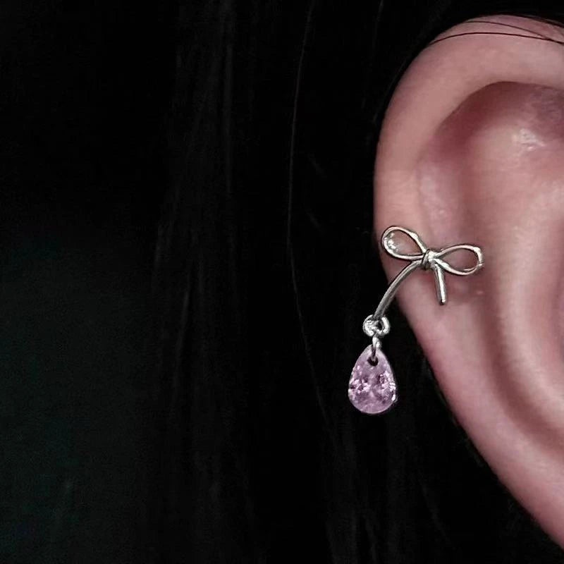 Cute Pink Zircon Cat Stainless Steel Ear Bone Nail Water Droplet Pendant Small Earrings for Women Cochlear Puncture Accessory.