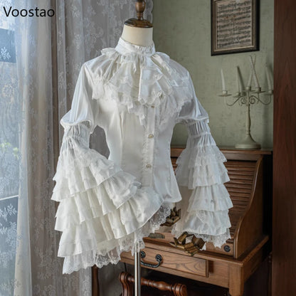 Victorian Elegant Lolita Style Shirts Japanese Women Vintage Gothic Lace Ruffles Flare Long Sleeve Blouses Sweet Y2k Slim Tops.