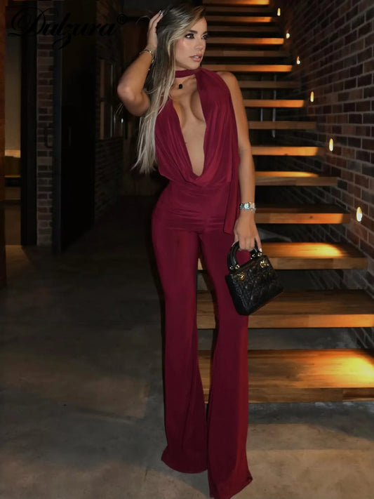 Dulzura Summer Solid Sexy Halter Swinging Collar Backless Slim Lace Up Flared Jumpsuit Women'S Fashion Elegant Party Club Romper.