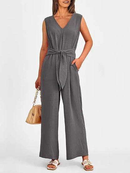 Summer High Waist Lace-up Jumpsuits Women 2025 New Sleeveless V-neck Side Pocket Solid Casual Jumpsuit Office Ladies Rompers