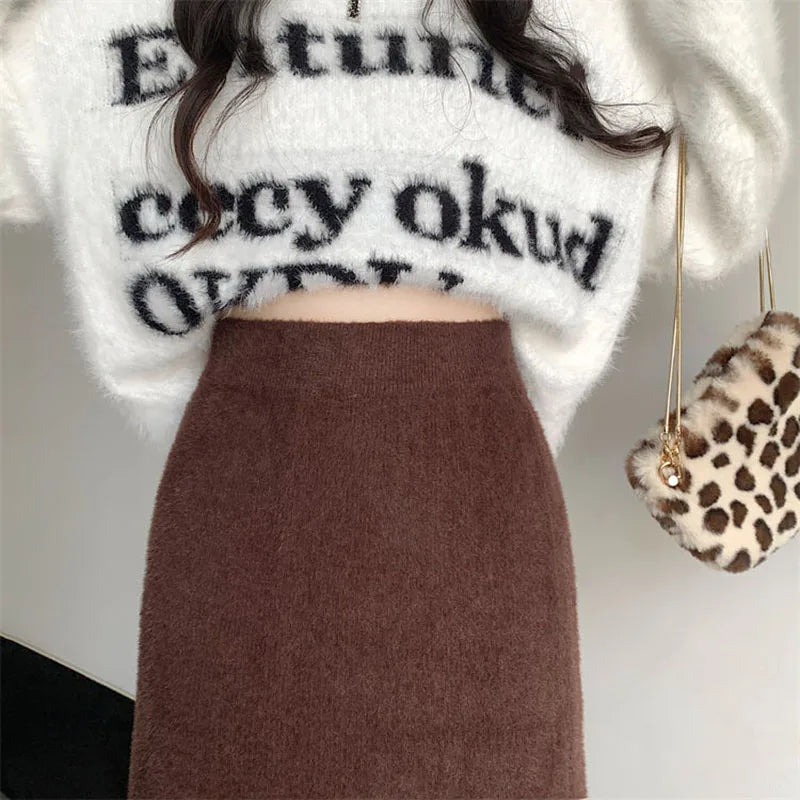 Korean Imitation Mink Plush Knitted Skirts Women Autumn Winter Thick Soft Split Pencil Skirts Elegant High Waist Bodycon Skirt.