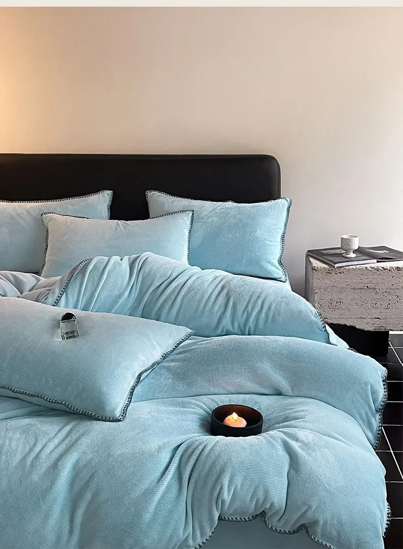 2024 new matte thin strip shell edge winter bed four-piece set milk fleece coral fleece thickened warm bed sheet quilt cover.
