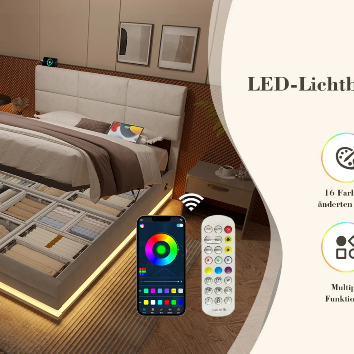 160 x 200 cm großes Bett, modernes, höhenverstellbares Kopfteilbett mit großem Stauraum und LED-Umgebungsbeleuchtung, USB/Typ-C-Verbindungen