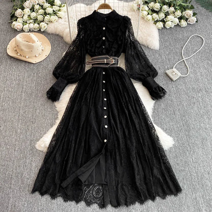 Neue Frühling Herbst Spitze Kleid für Frauen Weiß Schwarz Elegante Taille Langarm Stil Geburtstag Party Kleid Weibliche C186