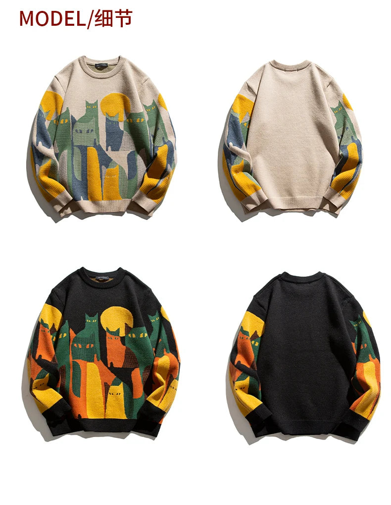 2024 Autumn Knitted Sweater Men Women Winter Harajuku Cartoon Full Cat Print Pullover Vintage Causal Loose Sweaters Streetwear.