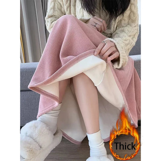 MEXZT Vintage Corduroy Midi Skirts Women Korean Black Pink Fleece Pleated Skirt Winter High Waist Velevt Thicken A Line Skirts.