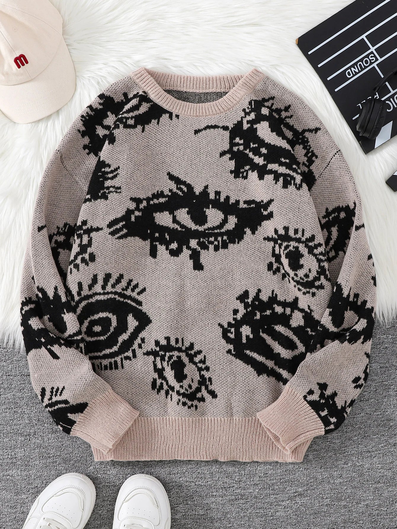 New Popular Autumn and Winter Abstract Eye Jacquard Pattern Pullover Sweater Casual Round Neck Knitted Men's Pullover.