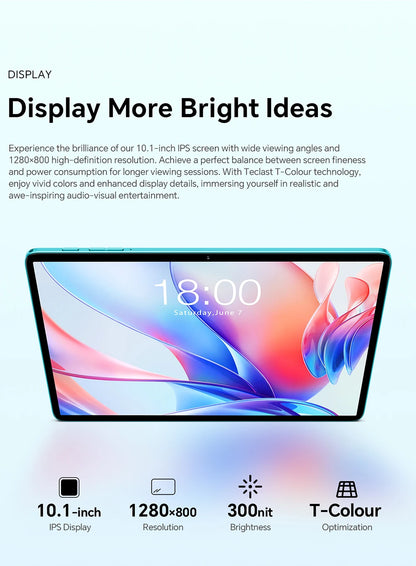 Teclast P30 Android 14 Tablet 10.1" IPS, Max 12GB RAM (4GB+8GB Expansion), 128GB ROM, UNISOC T606, Dual Cameras, Face Unlock.