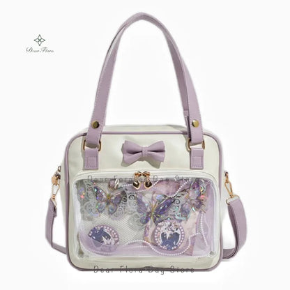 Y2K Cute Bow Ita Bag Girl Transparent Messenger Bag Women Fashion Shoulder Crossbody Bag Ladys DIY Badge Tote Bag Lolita Handbag