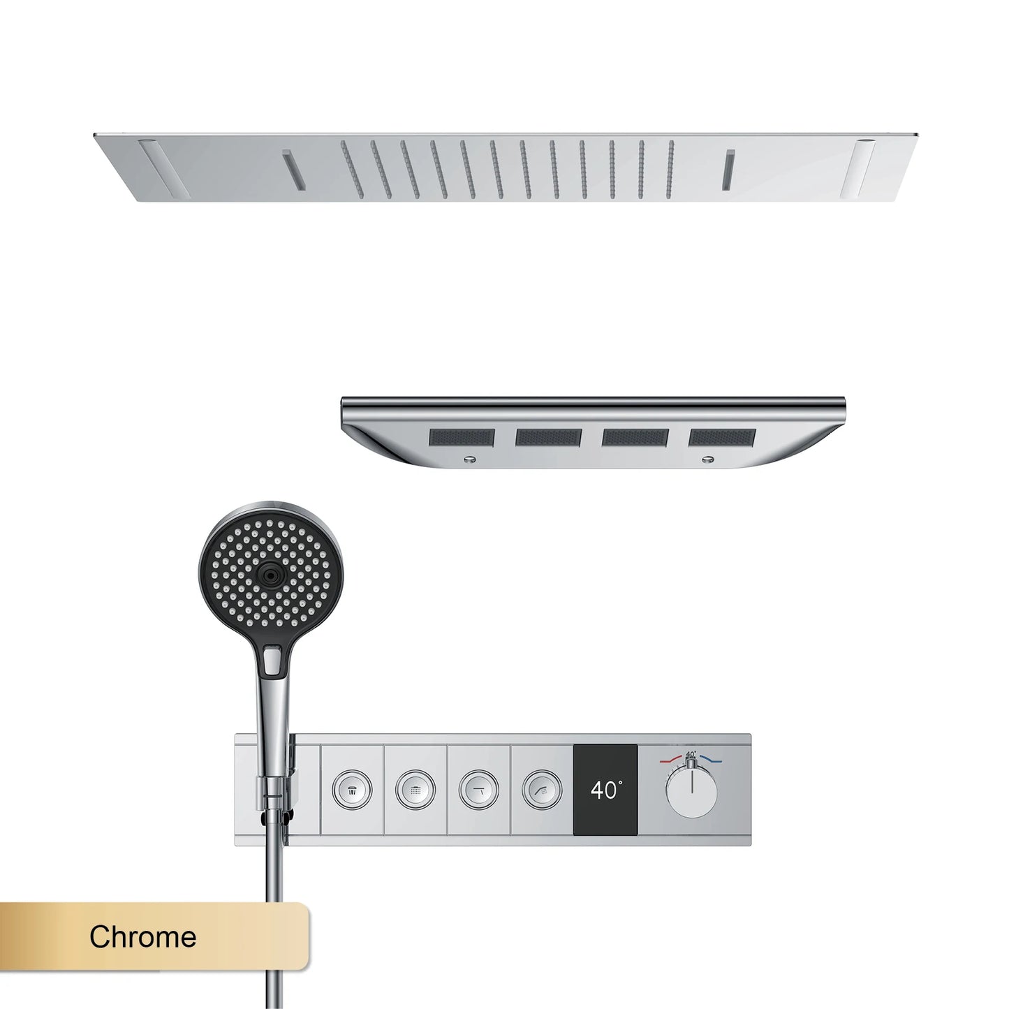 Deckenmontiertes thermostatisches LED-Digitalanzeige-Duschsystem. Eingebetteter Badmischer aus Messing im Wasserfallstil für heißes und kaltes Wasser