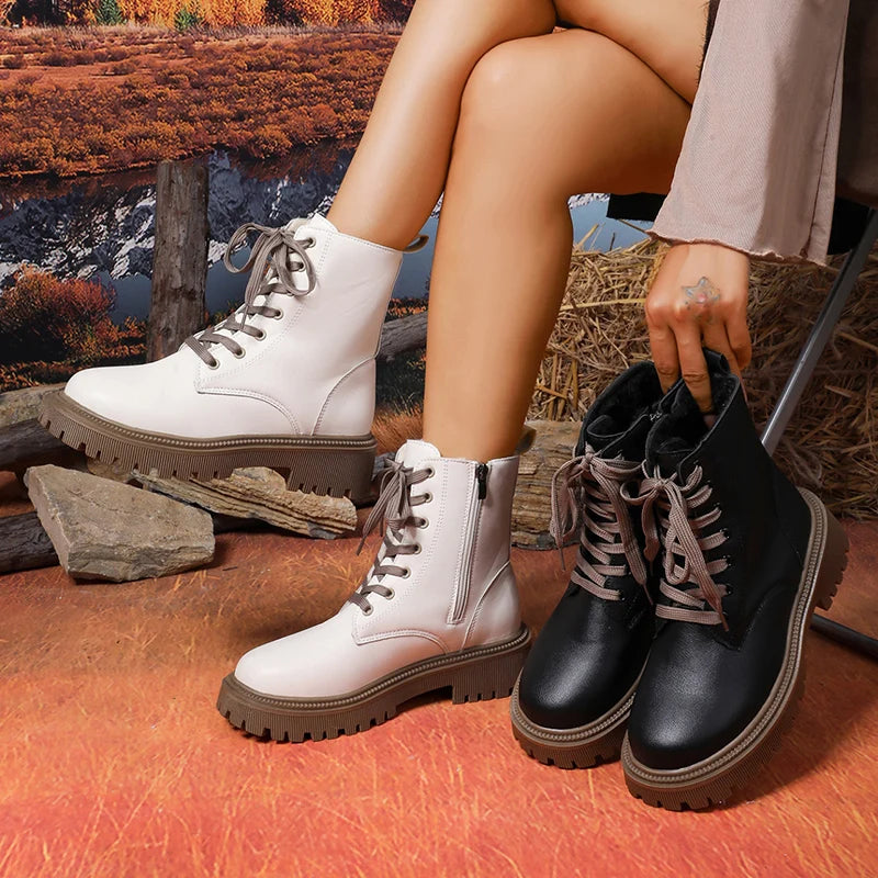 Autumn Winter Short Plush Ankle Boots Women Fashion Lace Up Pu Leather Platform Boots Woman Thick Sole Motorcycle Botas Mujer 42.