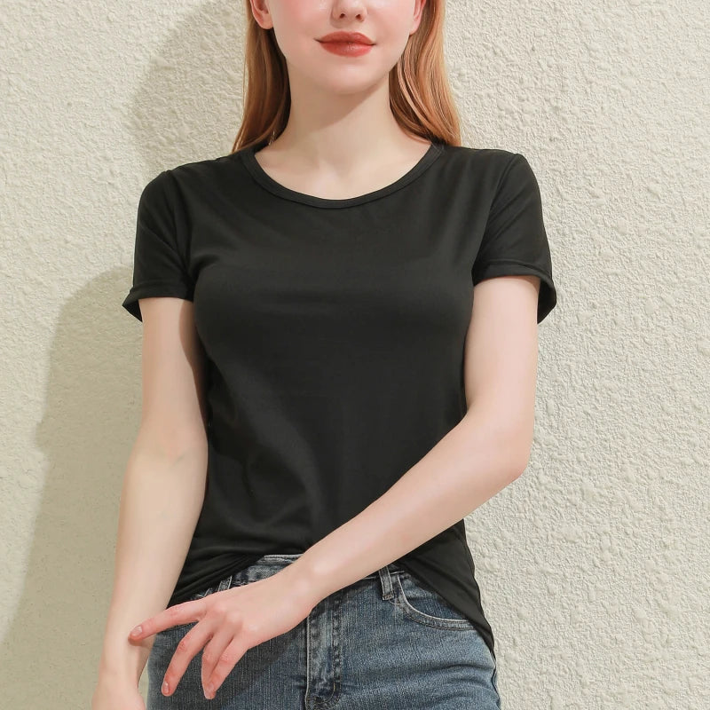 2024 Kurze T-Shirts Sommer Damen Kurzarm Rundhals Casual Bluse Shirts Einfarbig Tops Schwarz / Weiß
