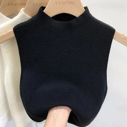 Frühling Herbst Temperament Gestrickte Pullover Weste frauen Hälfte-rollkragen Leibchen Cropped Top Ärmelloses Tank Top