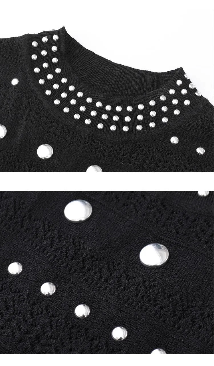 Gestricktes Kleid im europäischen und amerikanischen Design für Damen, Frühling/Sommer, Rundhalsausschnitt, heiße Perlen, einzigartiger, schlankmachender langer Stil.