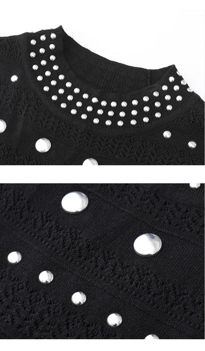 Gestricktes Kleid im europäischen und amerikanischen Design für Damen, Frühling/Sommer, Rundhalsausschnitt, heiße Perlen, einzigartiger, schlankmachender langer Stil.