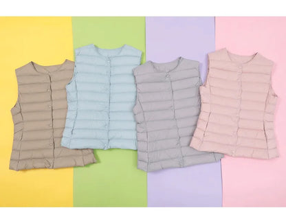 2023 Neuankömmlinge Herbst Winter warme Frauen ärmellose Daunen futter Taillen mantel weibliche ultraleichte weiße Enten Daunen weste Jacken.