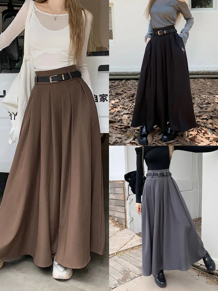 Qiukichonson Grey Midi Long Skirts Womens Maxi Skirt 2023 Autumn Winter Suit Skirt Goth Lolita High Waist Ruffle Pleated Skirts.