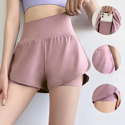 Women Yoga Pocket Shorts Fake Two Piece Anti Peek Shorts High Elastic Loose Fashion Casual Gym Trainning Three Point Pants